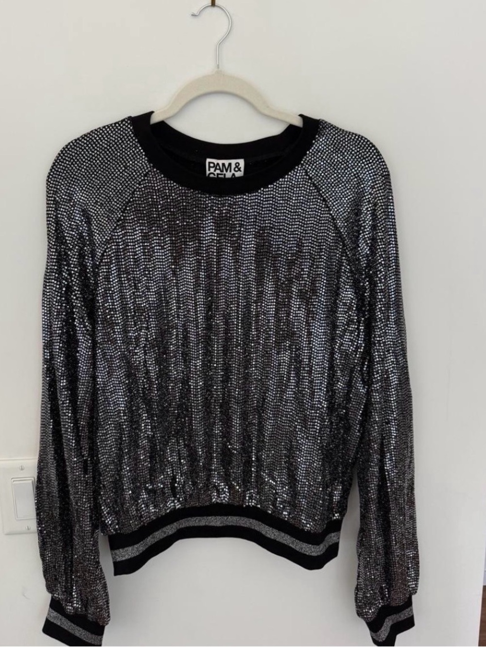 PAM & GELA Mirror Ball Silver Sequin Sweatshirt Metallic, Never worn w tags